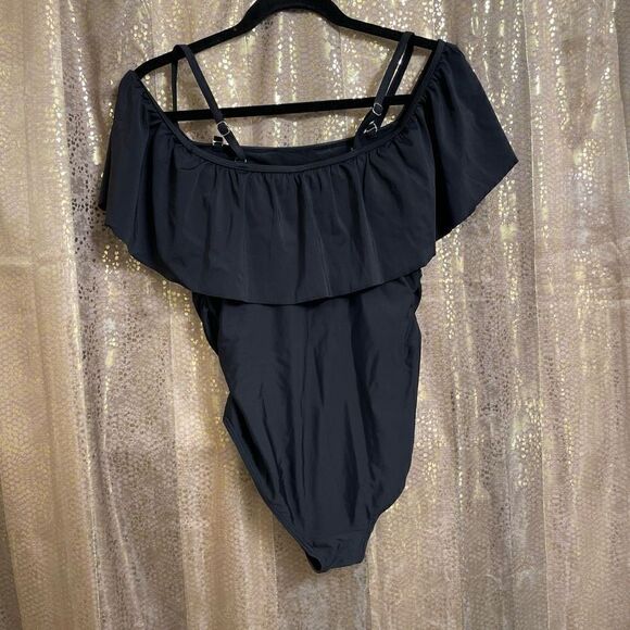 Pinkblush maternity black ruffle one-piece swimsuit, S - Picture 2 of 9